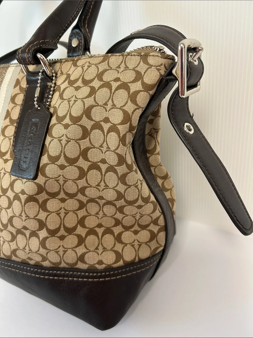 Coach NWT M1320-29622E Retired Striped East/West Satchel Leather Trim Bag